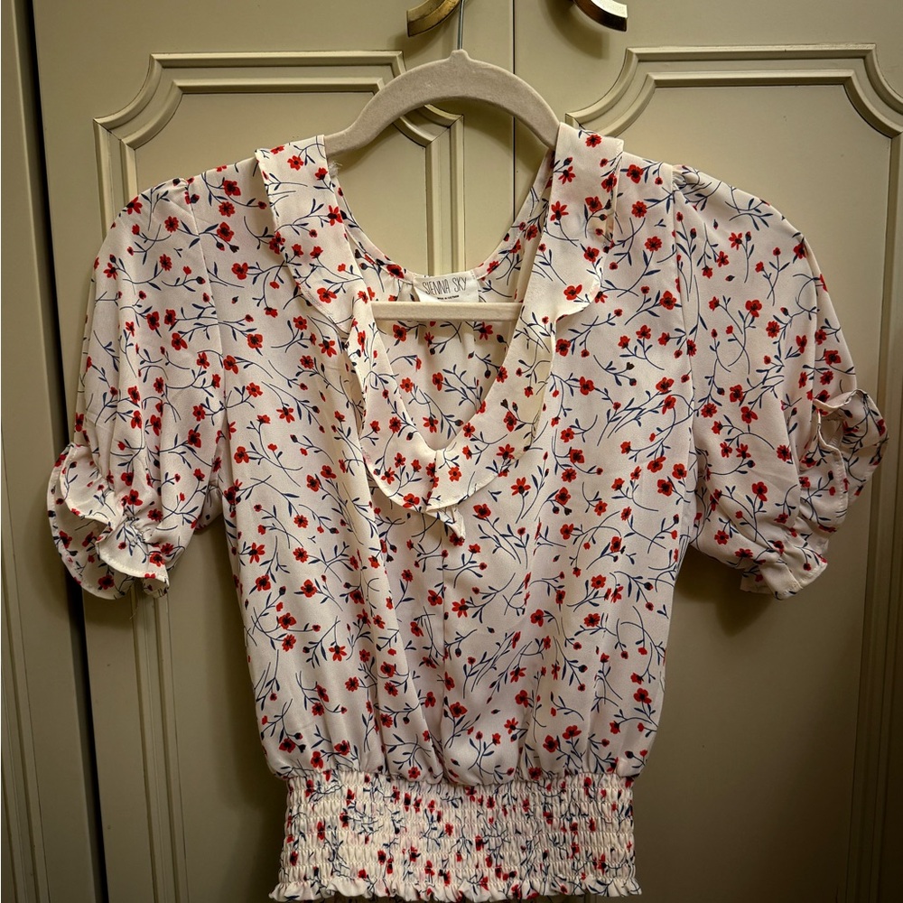 Sienna Sky - White Blouse with Red and Blue Floral Pattern and Clinched Waist XS